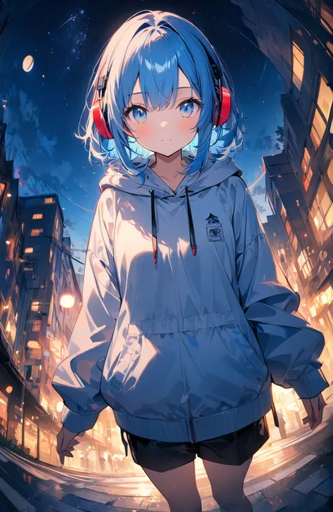 ((Amazingly absurd)),超High resolution, Attention to detail, high quality, High resolution, 最high quality, 4K, 8k、1 pretty girl、Blue Hair、blue eyes、White hoodie、Red headphones、Black shorts、Night view、Starry Sky、Fisheye Lens