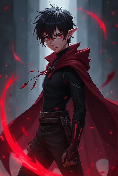 Generate an anime-style character with shadow powers, Youngh, naughty man, wears a cape and a dagger with a red aura, dark eyes, has a physique with shape, He has , and he is Half-Elf, Human Elf, with small elf ears, and red highlights in the hair