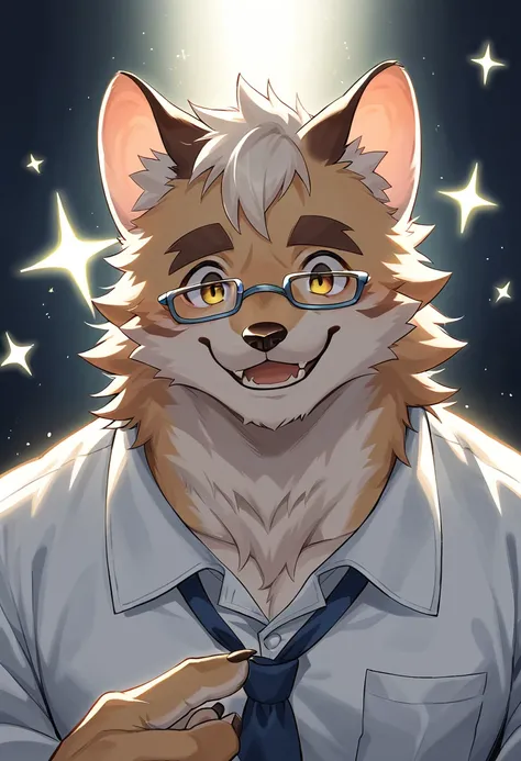 rating_safe, score_9, score_8_up, score_7_up, score_6_up, score_5_up, score_4_up, hires, highres, source_furry, cover page(kemono, furry anthro, angelic handsome 1boy, Smiling embarrassedly, glasses)Handouts, college professor, Lab of a crazy scientist, A ...