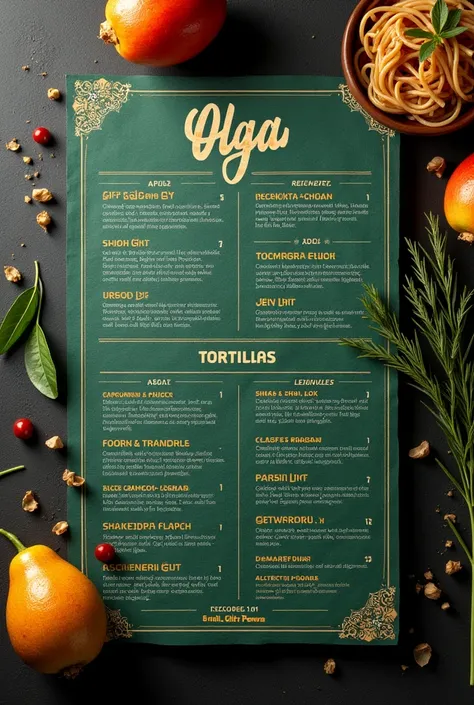 Menu for restaurant The name of the restaurant is "Olga Pegava" and it sells tortillas and pasta To me, let it be like a newspaper with dark green motifs