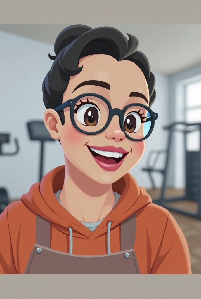 Cartoon character of A WOMAN APPROXIMATELY 4, ROUNDED GLASSES WITH DARK FRAME, MEDIUM DARK HAIR, DARK BROWN EYES YELLOW, skin fair, pink lipstick, round face, in the background a gym