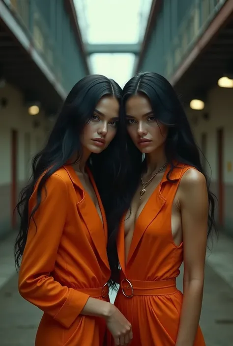 beautiful Instagram model, (long black hair:1.2), with her friend, orange jumpsuit, prison yard, realistic, photorealistic, 4k, high quality, detailed, dramatic lighting, cinematic, fashion photography, editorial, dramatic pose, looking at camera