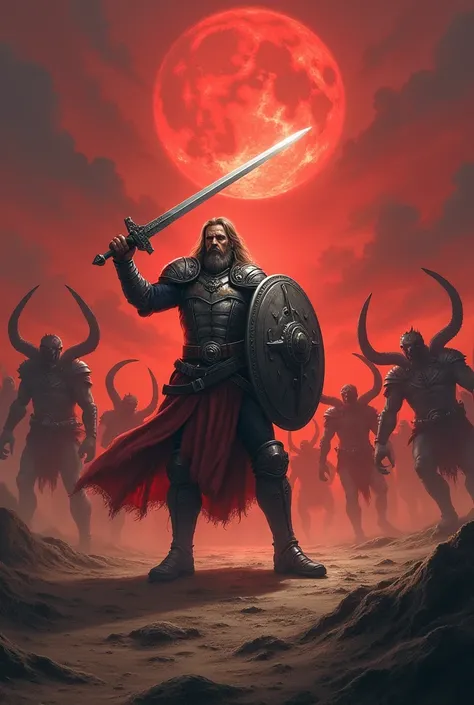 Create an image of a warrior fighting against an army of demons