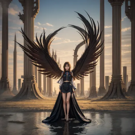 "((amazing)) photo composition, dramatic sunset, strong silhouette ((girl)) wield ((shine)) sword, mysterious altar with golden ...