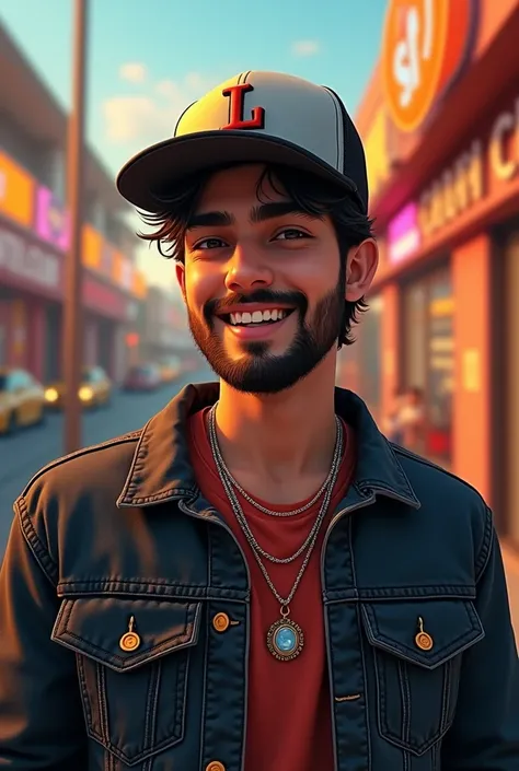 A 19  years young modern teenager 
 REALISTIC ,slow beard  ,wear a cap and on writing bold name is"LADI RAI" , YELLOW SHOES ,DENIM BLACK JACKET ,FACE HIGH DETAILS,NECK IN "L" WORD LOCKET , BACKGROUND IN WRITE"CHANDIGARH CLUB , BACKGROUND COLOURFULL,SLOW SM...