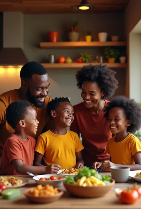 Create a highly realistic image of a joyful black family inside a modern kitchen. The family consists of a father, mother, and three children (two boys and one girl). The children are sitting at the kitchen counter, eagerly waiting for the meal, wearing t-...