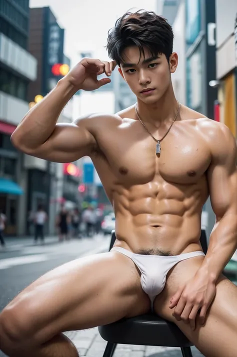 Dont close up, Tokyo street scenery, Tokyo street background, Full body photography, Crowded Tokyo street, very hot sunny day, crowded tokyi street scenery, Very micro red thong, Very hairy armpits, Very detailed finger, dont merge body, Very young Korean ...