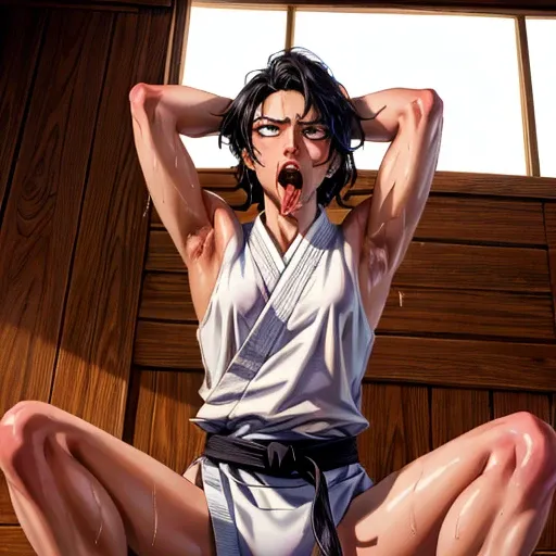 ((((masterpiece, best quality, high resolution)))), extremely detailed 8k, 1 female, wearing a white karate gi, (ahegao),white e...