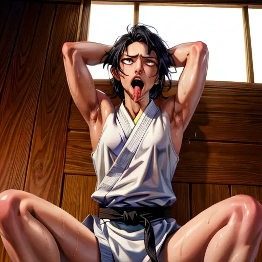 ((((masterpiece, best quality, high resolution)))), extremely detailed 8k, 1 female, wearing a white karate gi, (ahegao),white e...