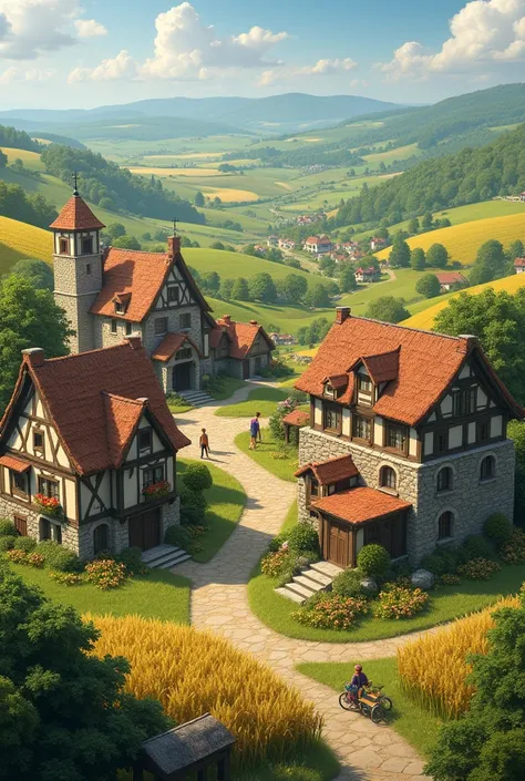 Village Overview**: A picturesque village surrounded by fields, representing the contrast between the wild and human