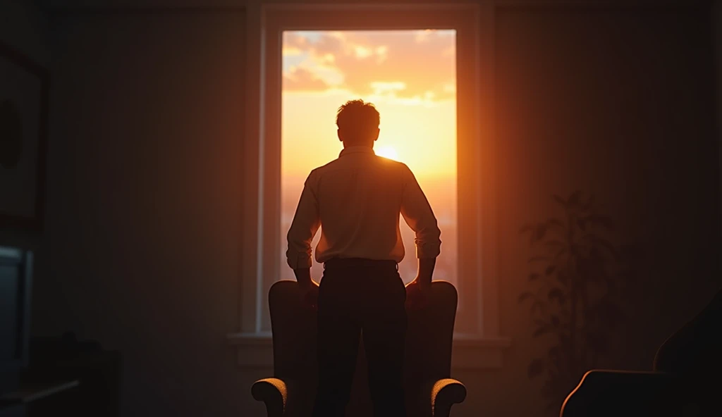 Create a realistic image where  "A man standing up from a chair in a dimly lit room, with a determined look on their face, as if ready to take on a new challenge. The background gradually lightens towards a window showing a bright sunrise, symbolizing new ...