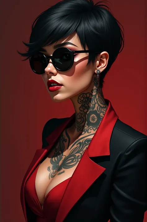 Digital art , Tan skinned woman, tattoos on neck, portrait close up slight side way ,black with red suit, black colour wolf cut, large breast size, black round sunglasses on with a mysterious look