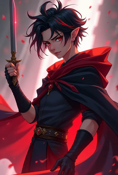 Generate an anime-style character with shadow powers, Youngh, naughty man, wears a cape and a dagger with a red aura, dark eyes, has a physique with shape, He has , and he is Half-Elf, Human Elf, with small elf ears, with red highlights in her hair, male c...