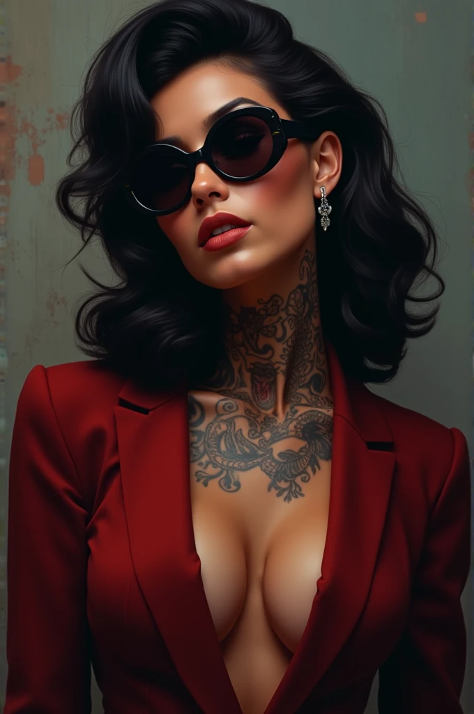 Digital art , Tan skinned woman, tattoos on neck, portrait close up slight side way ,black with red suit, black colour wolf cut, large breast size, black round sunglasses on with a mysterious look