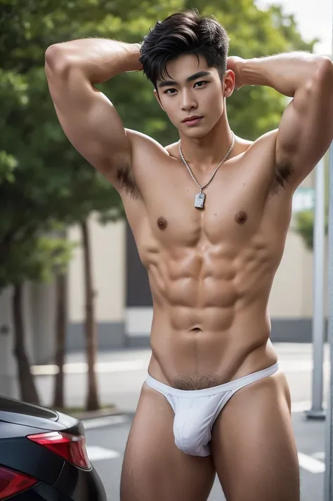 Dont close up, Tokyo street scenery, Tokyo street background, Full body photography, Crowded Tokyo street, very hot sunny day, crowded tokyi street scenery, Very micro red thong, Very hairy armpits, Very detailed finger, dont merge body, Very young Korean ...