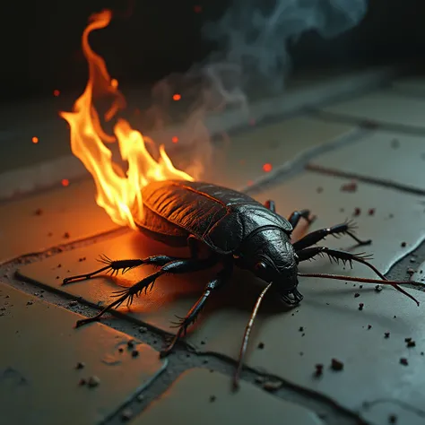 Cockroach in flames、lying face down on the ground, dead