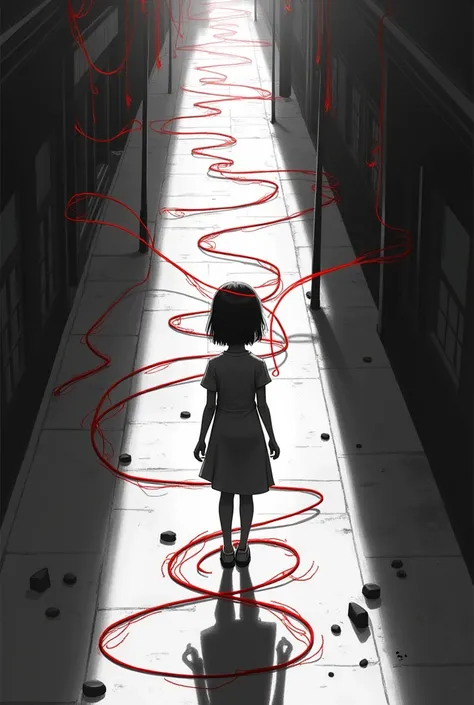 A black and white street with a girl from behind intertwined with a thin red thread all over the place, all from above