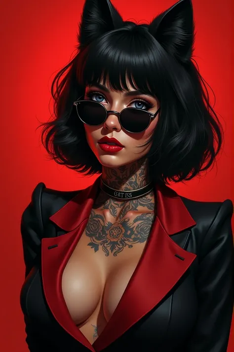 Digital art , Tan skinned woman, tattoos on neck, portrait close up slight side way ,black with red suit, black colour wolf cut, large breast size, black round sunglasses on with a mysterious look