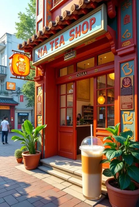 A vibrant image of the shops exterior and a close-up of their signature milk tea