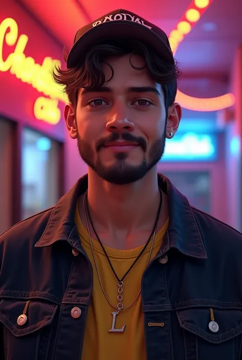 A 19  years young modern teenager 
 REALISTIC ,slow beard  ,wear a cap and on writing bold name is"MANJEET" , YELLOW SHOES ,DENIM BLACK JACKET ,FACE HIGH DETAILS,NECK IN "L" WORD LOCKET , BACKGROUND IN WRITE"CHANDIGARH CLUB , BACKGROUND COLOURFULL,SLOW SMI...