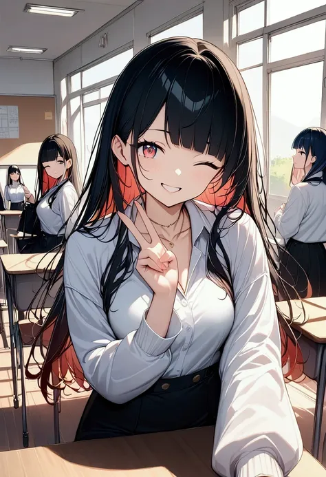 (((anime))) A woman with one eye closed,Gal,Long Hair,(Black Hair),Diagonal bangs,necklace,smile,Showing teeth,Red eyes,Big eyes,uniform,Volume sleeve,peace sign,classroom,sunlight,masterpiece,Highest quality,Exquisite,8k,Absurd,Ultra-fine illustrations,(V...