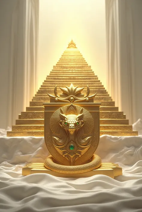 Create a symbolic coat of arms with white and gold colors in the background, a pyramid and a golden serpent with emerald eyes.