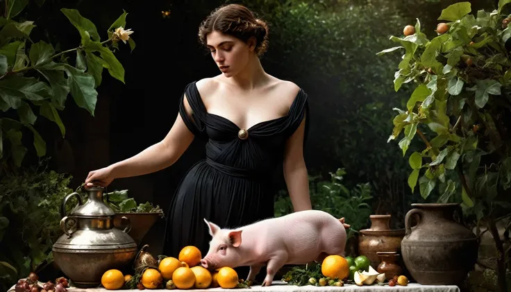 caravaggio lighting; high contrast; hyper-realism; Circe witch from madeline miller; her pig and leon; island of Circe; Godess; realism; circe is working in her garden; mistery; strenght; beautiful women; circe is collecting ingredients to do her potions; ...