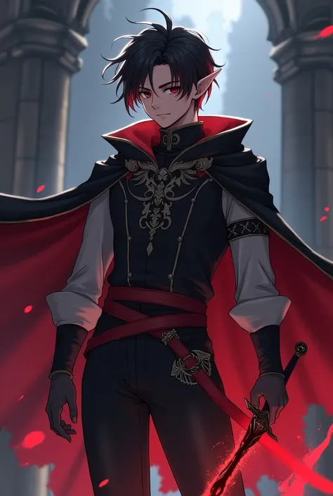 Generate an anime-style character with shadow powers, Youngh, naughty man, wears a cape and a dagger with a red aura, dark eyes, has a physique with shape, He has , and he is Half-Elf, Human Elf, with small elf ears, with red highlights in her hair, male c...