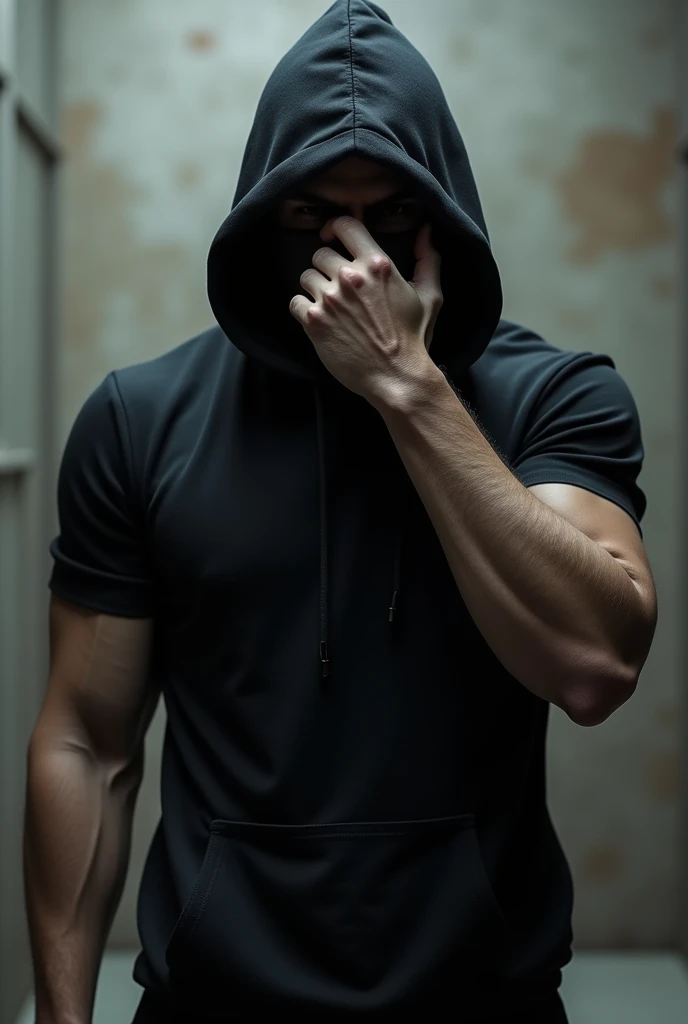 Men wearing black hoodie and have muscular body face covered with his hand sigma photo
