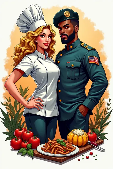 Create a logo for my restaurant where a blonde curly-haired woman with brown eyes appears, who is the chef, next to a black-skinned soldier, where both are surrounded by food.. I need it to be creative, urban type