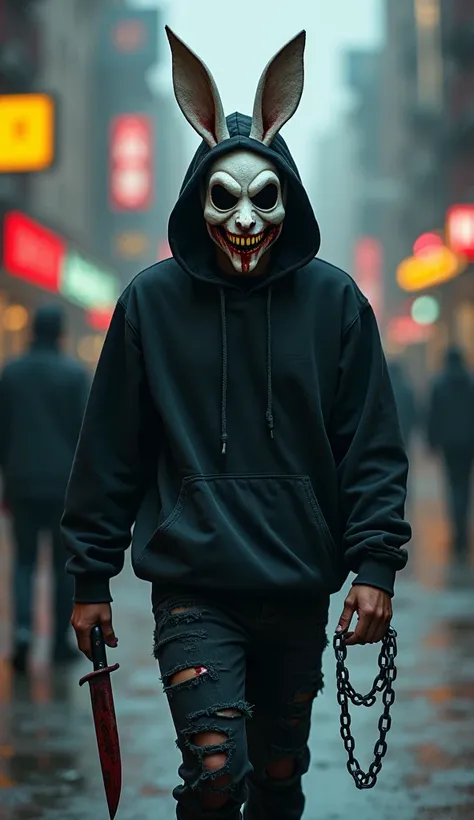 lizoldBS_soul3142, 1 male, different furry White bloody rabbit mask with creepy smile and yellow bloody teeth, completely Black torn hoodie, standing in the city street, neon lights in the background, steampunk, dystopia, ethereal, detailed, masterpiece, b...