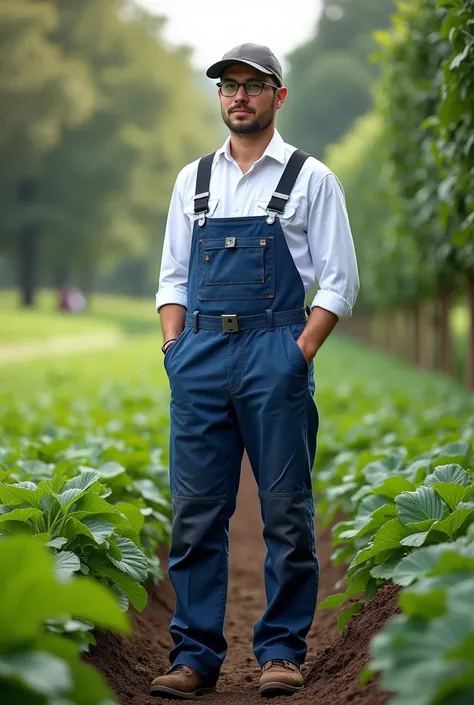 An agronomist with blue canvas pants and a white shirt with reflective stripe