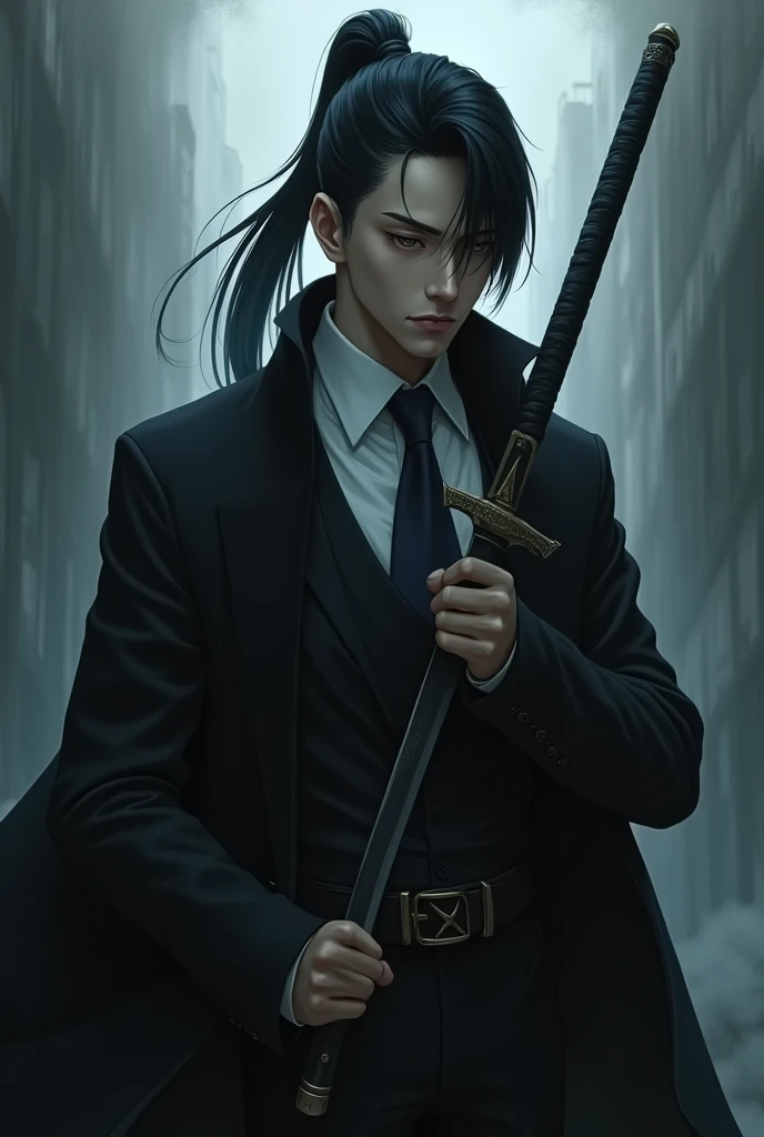 Create an anime style character, with a black overcoat with a white dress shirt underneath, a black ponytail hair, with the locks passing over the right shoulder, and holding a sword in his right hand

