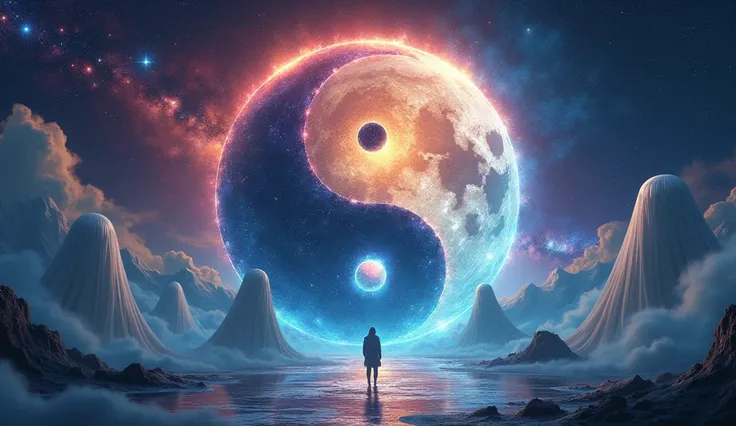 Yin yan is a symbol of balance and, Water Yin Yang, Stunning contrasting background, universe, yin yang, Taoism, universe多彩的终极月门, yinyang shaped,There are ghosts behind the background
