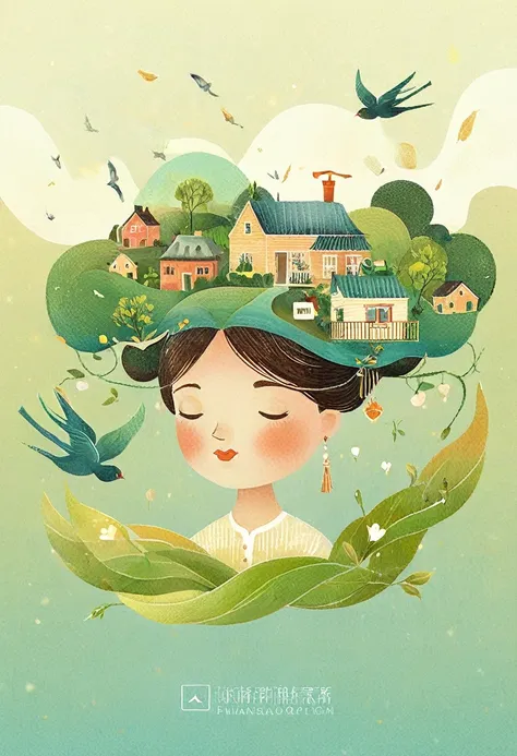 digital illustration art, (whimsical illustration of a little girl's head adorned with a lot of houses, trees, roots, swallows) ...