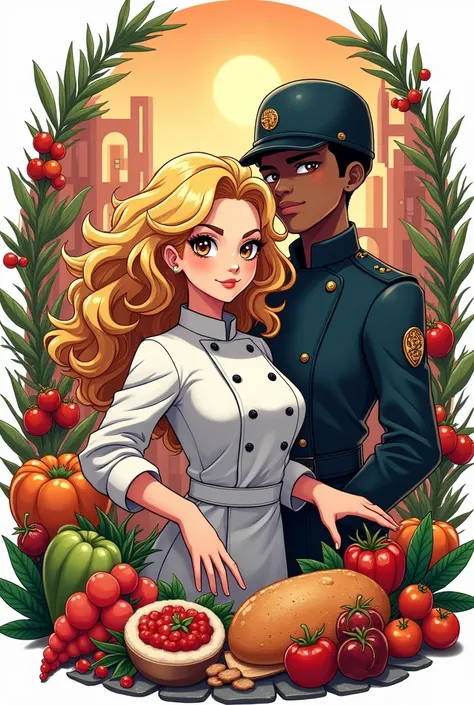 Create a logo for my restaurant where a blonde curly-haired woman with brown eyes appears, who is the chef, next to a black-skinned soldier, where both are surrounded by a lot of food., everywhere . I need it to be creative, urban type and anime style 