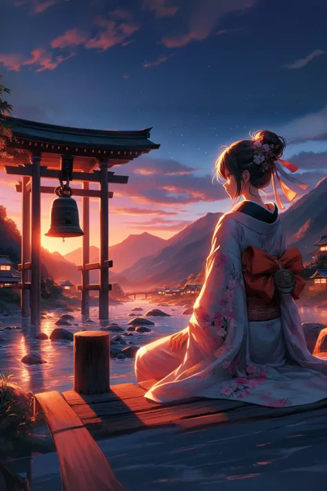 Anime girl sitting on a pier with a bell in the background, Japanese art style, Beautiful peaceful scene in anime, Anime Style 4k, anime art wallpaper 4k, anime art wallpaper 4k, anime wallpaper 4k, anime wallpaper 4k, Beautiful anime scene, Anime Art Wall...