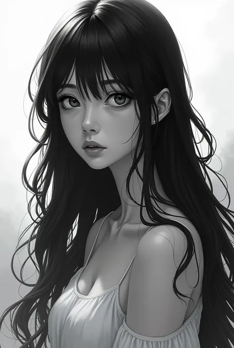  long black hair girl anime style 2d to black and white