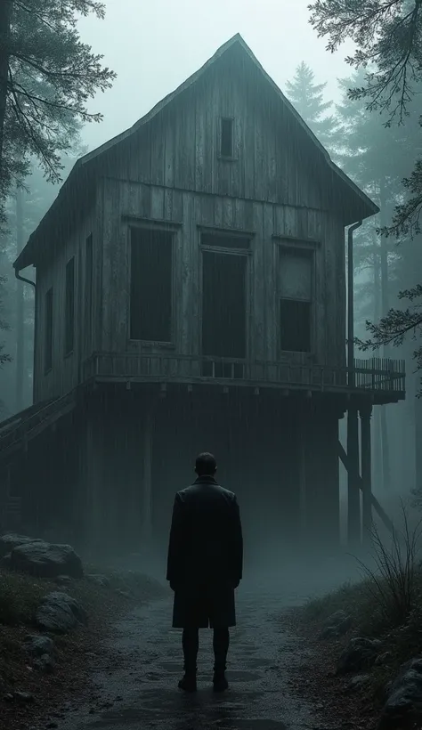 Man standing in front of a large abandoned wooden house in the woods at midnight and raining