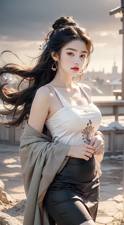 elaborate Hanfu, ((Cowboy shooting)), ((Bare shoulders)), ((Short skirt, Sexy long legs)), actual detailed photo of a giant breasted girl with exposed shoulders, Detailed fingers, high quality skin, Red eyes, Alone in winter scene with clouds, Wind, and fl...