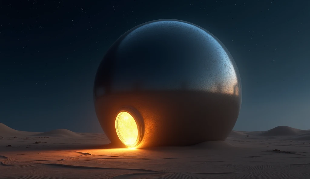 a massive mirror smooth sphere rest on the desert floor at night. a small oval door is open near the bottom, spilling light onto the sand photo realistic