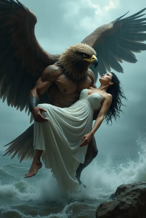 Eagle man walking in the heavy rain While carrying the body of a beautiful woman wearing a white dress And soaking wet 