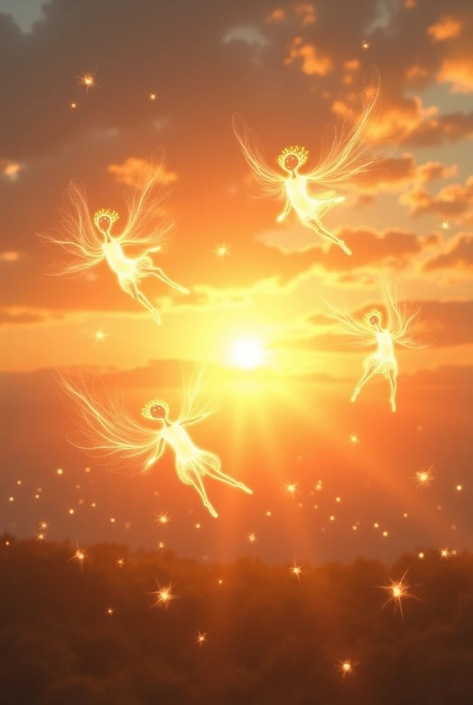 Many light Spirits flying in sunset