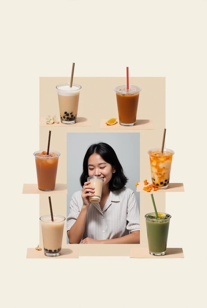 A collage of different milk tea flavors and a photo of a customer enjoying their drink. Make it minimalist