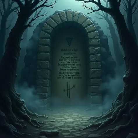 The entrance to an old, ghostly cave deep in the forest. The inscription on the front reads: Here lives the King of Demons. Mist all around and tree branches cast shadows in the darkness.

