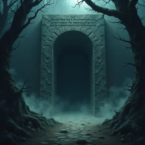 The entrance to an old, ghostly cave deep in the forest. The inscription on the front reads: Here lives the King of Demons. Mist all around and tree branches cast shadows in the darkness.

