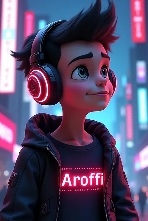 Cyberpunk style animated boy named AROFFI on his shirt listening to music



