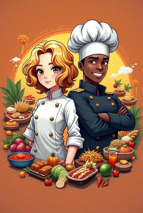 Create a logo for my restaurant where a blonde curly-haired woman with brown eyes appears, who is the chef, next to a black-skinned soldier, where both are surrounded by a lot of food., Everywhere there is food on them too . I need it to be creative, urban...