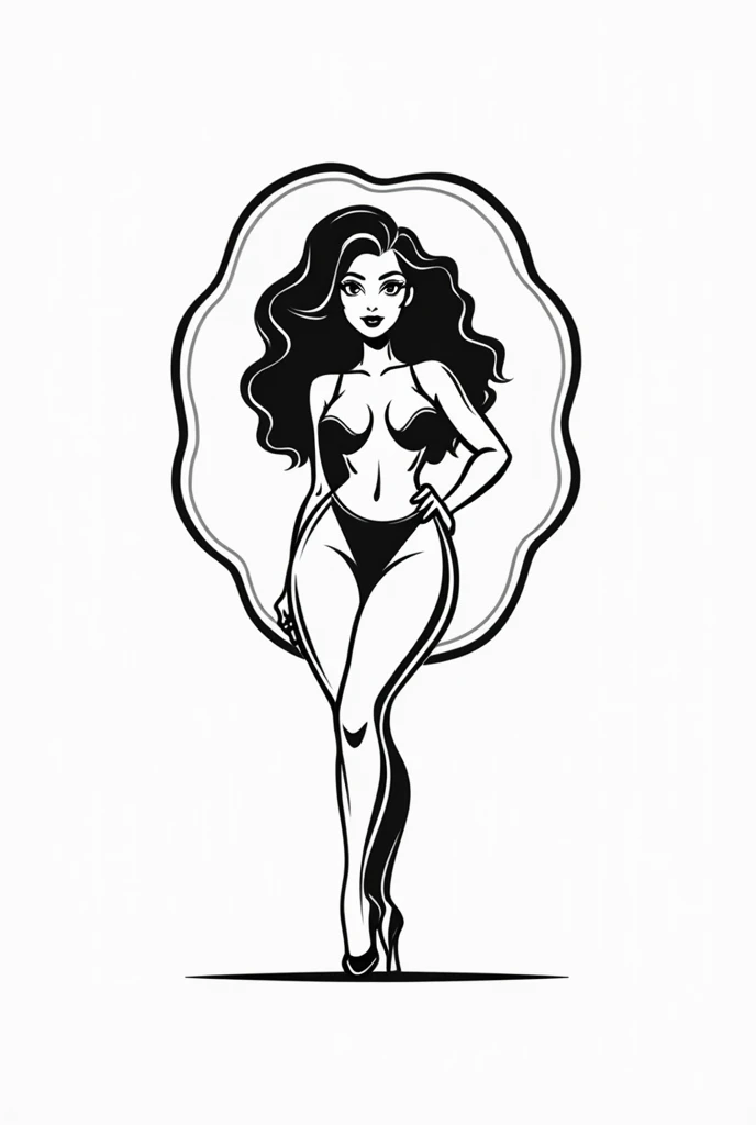 Brand logo featuring a crochet haired goddess, minimalist black and white pinup style