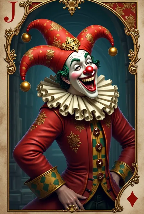 Generate a playing card, joker a medieval joker laughing